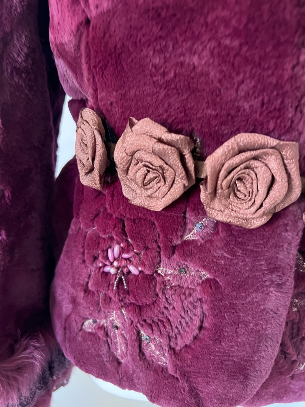 Vintage Purple Real Rabbit Fur Jacket w Fox Collar & Rose Belt Embroidered M - Picture 4 of 14